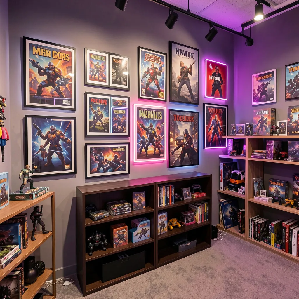 Game room with neon and pixel decor